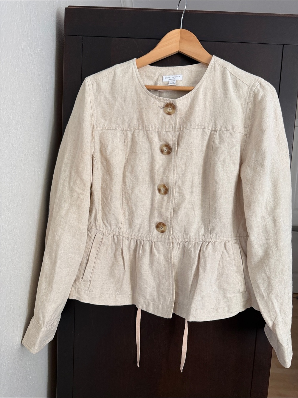 Charter Club Cream Drawstring Peplum Jacket